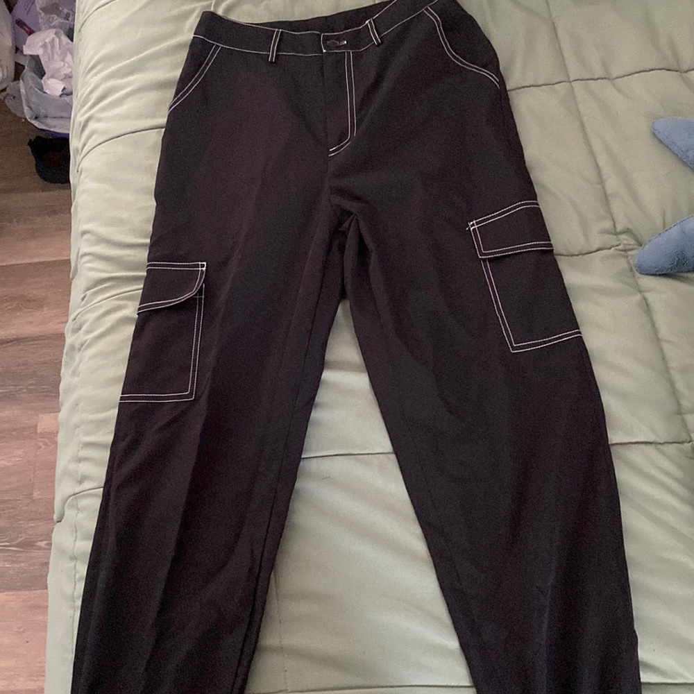 Black Cargo Parachute Windbreaker Pants with White Stitching